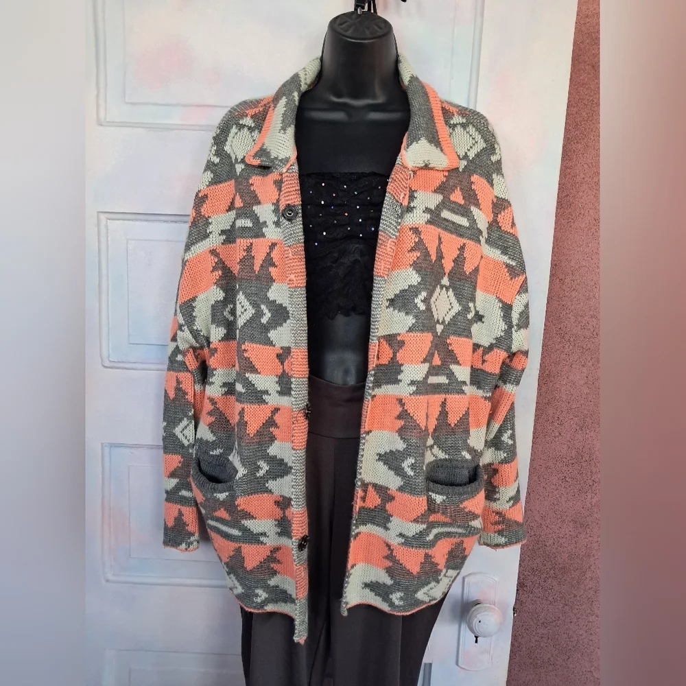 Blu Pepper Orange and Gray Geometric Cardigan - Picture 3 of 13